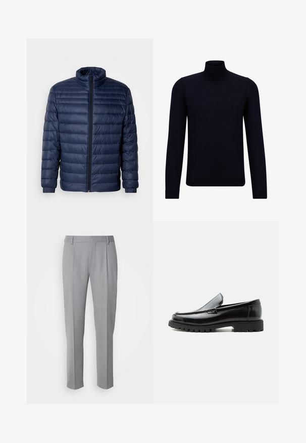 Marineblaue gesteppte Steppjacke mit Stehkragen, vollflächigem Reißverschluss und elastischen Bündchen, vor einem schlichten hellen Hintergrund präsentiert.; Dunkelblauer Rollkragenpullover aus feinem Strickmaterial, mit langen Ärmeln und einem taillierten, hohen Kragen. Keine sichtbaren Muster oder Akzente.; Grau zugeschnittene Hosen mit glatter Textur, flachem Frontbereich, geraden Beinen und dezenten Falten für zusätzliche Details.; Schwarzer Lederloafer mit grober Gummisohle, genähter Oberseite und geprägtem Markennamen an der Ferse, seitlich auf weißem Hintergrund gezeigt.