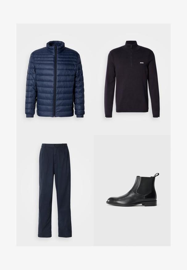 Veste matelassée en duvet bleu marine avec col montant, fermeture éclair avant intégrale et poignets élastiques, présentée sur un fond clair uni.; Pull-over à col zippé bleu marine fabriqué en tissu doux, doté d'un col et de poignets côtelés, avec un petit logo blanc "BOSS" sur la poitrine.; Pantalon bleu marine en mélange de coton. Présente une coupe droite, une fermeture à bouton sur le devant et de légères plis. Texture douce.; Bottine en cuir noir avec des panneaux latéraux élastiques, bout rond et tirette. Texture lisse, semelle plate, design minimaliste.