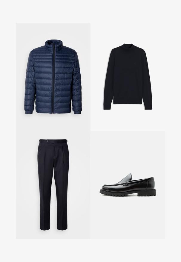 Marineblå, kviltet pufferjakke med ståkrave, fuld frontlynlås og elastiske manchetter, vist på ensfarvet lys baggrund.; Sort langærmet sweater med ribstrikket høj krave, ærmeafslutninger og kant, med et diskret prægede logo på brystet.; Marineblå kjolebukser lavet af glat stof med plisseret front, lige ben og en linning med knaplukning.; Sort læderloafer med chunky gummisål, syet overdel og præget mærkenavn på hælen, vist i sideprofil på hvid baggrund.