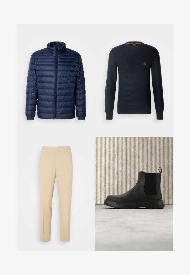 Marineblaue gesteppte Steppjacke mit Stehkragen, vollflächigem Reißverschluss und elastischen Bündchen, vor einem schlichten hellen Hintergrund präsentiert.; Gestreifter marineblauer Pullover mit langen Ärmeln, rundem Ausschnitt, strukturiertem Stoff und einem kleinen Logo-Patch auf der Brust.; Beige maßgeschneiderte Hosen mit geradem Bein, aus leichtem Stoff, mit zwei vorderen Taschen und ordentlich gebügelten Falten.; Schwarze Knöchelstiefel mit glatter Oberfläche, elastischen Seitenpaneelen und einem kontrastierenden roten Zuglasche, ausgestattet mit einer dicken Gummisohle und einer runden Zehenpartie.