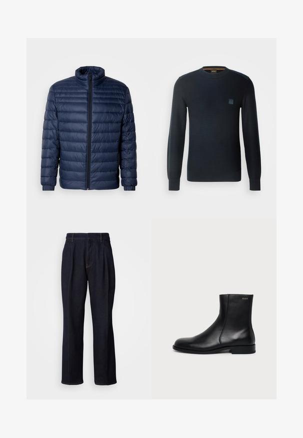 Marineblaue gesteppte Steppjacke mit Stehkragen, vollflächigem Reißverschluss und elastischen Bündchen, vor einem schlichten hellen Hintergrund präsentiert.; Gestreifter marineblauer Pullover mit langen Ärmeln, rundem Ausschnitt, strukturiertem Stoff und einem kleinen Logo-Patch auf der Brust.; Dunkelblaue weit geschnittene Jeans mit vorderen Falten und orangen Nähten, auf weißem Hintergrund gezeigt.; Schwarzer Leder-Knöchelstiefel mit niedrigem Absatz, seitlicher Naht und kleinem "HUGO" Logo am oberen Schaft vor einfarbigem Hintergrund.