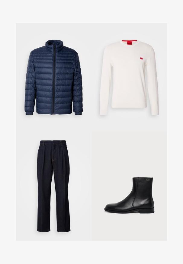 Veste matelassée en duvet bleu marine avec col montant, fermeture éclair avant intégrale et poignets élastiques, présentée sur un fond clair uni.; Pull en col rond blanc avec des manches longues, fabriqué en tissu doux. Il présente un petit patch logo rouge sur la poitrine et une étiquette rouge contrastante sur le col.; Jean en denim large à jambes bleues foncées avec des plis devant et des coutures orange, présenté sur fond blanc.; Bottine en cuir noir à talon bas, couture latérale et petit logo "HUGO" sur le revers supérieur sur un fond uni.