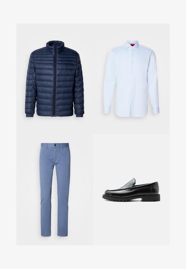 Marineblaue gesteppte Steppjacke mit Stehkragen, vollflächigem Reißverschluss und elastischen Bündchen, vor einem schlichten hellen Hintergrund präsentiert.; Helleblaue Langarmbluse mit Button-Down-Kragen, abgerundetem Saum und weißen Knöpfen. Glattes Material mit einem subtilen Glanz.; Helleblaue Baumwollchinos mit glatter Textur, geradem Beinansatz und einem einzelnen Knopfverschluss an der Taille. Taillierte Passform mit Seitentaschen.; Schwarzer Lederloafer mit grober Gummisohle, genähter Oberseite und geprägtem Markennamen an der Ferse, seitlich auf weißem Hintergrund gezeigt.