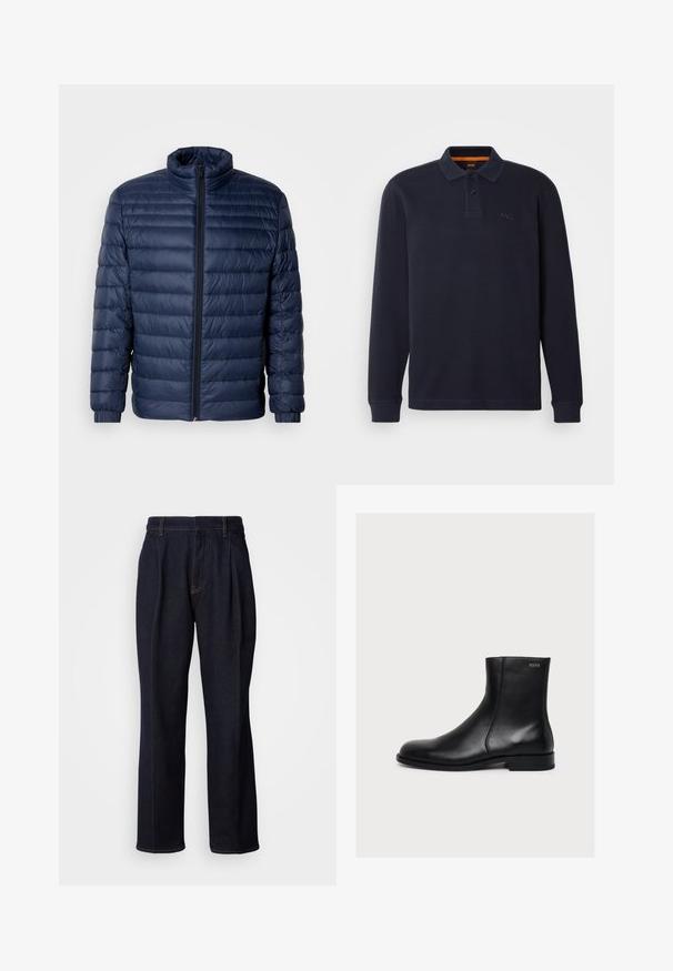 Navyblauwe gewatteerde pufferjack met staande kraag, volledige rits aan de voorkant en elastische manchetten, weergegeven op een effen lichte achtergrond.; Marineblauwe longsleeve polo-shirt van gestructureerde stof met een knoopsluiting bij de hals. Bevat een klein geborduurd logo op de borst.; Donkerblauwe denim jeans met wijde pijpen, inclusief voorplooien en oranje stiksels, weergegeven op een witte achtergrond.; Zwarte gladde lederen enkellaars met lage hak en zijrits, gelabeld Hugo vlak bij de bovenrand.