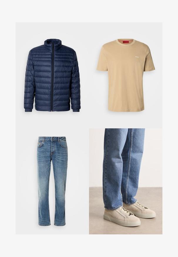 Marineblå, kviltet pufferjakke med ståkrave, fuld frontlynlås og elastiske manchetter, vist på ensfarvet lys baggrund.; Beige bomulds t-shirt med rund halsudskæring, korte ærmer og et lille hvidt "HUGO" logo på brystet. Glat tekstur uden mønstre.; Lyseblå denimbukser med lige ben, fem lommer, kontrasterende syninger og en falmet finish. Har en knap- og lynlåsåbning.; BOSS GARYTENN_SDHDEL - Sneakers - natural ten