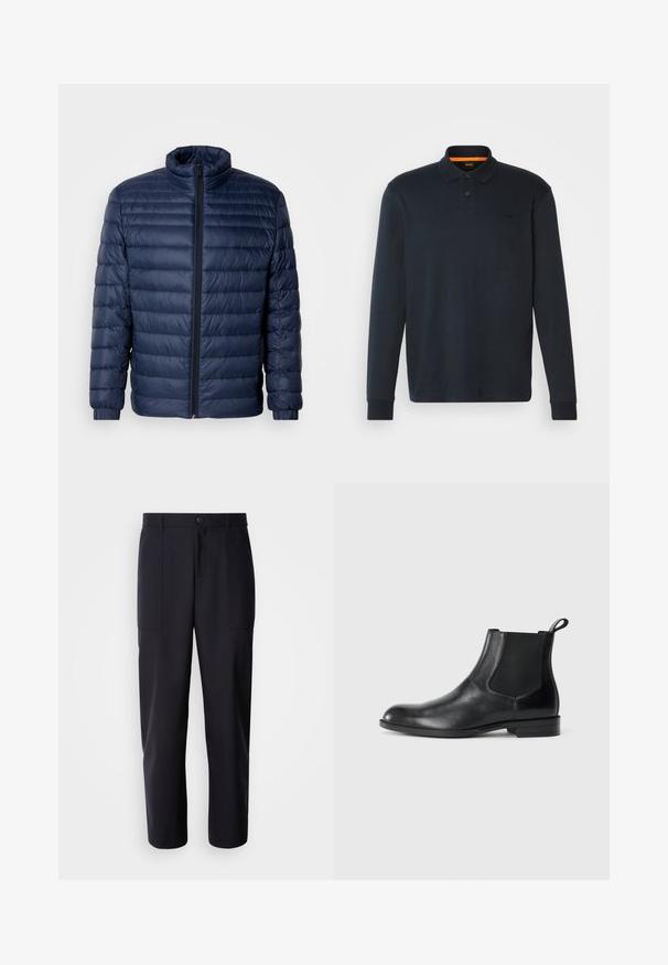Marineblaue gesteppte Steppjacke mit Stehkragen, vollflächigem Reißverschluss und elastischen Bündchen, vor einem schlichten hellen Hintergrund präsentiert.; Langärmliges Polohemd aus dunkelblauem Baumwollstoff, mit einem Drei-Knopf-Verschluss, gerippten Bündchen und einem kleinen geprägten Logo auf der Brust.; Dunkelblaue Hosen aus glattem Stoff, mit geradem Bein-Design, zwei Seiten Taschen und einem Knopfverschluss an der Taille.; Schwarze Leder-Stiefelette mit elastischen Seiteneinsätzen, abgerundeter Zehenpartie und einem Zugschlauf. Glatte Textur, flache Sohle, minimalistisches Design.