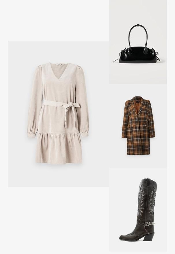 Manteau long à carreaux marron et noir avec revers en pointe, fermeture à un bouton noir, poches à rabat et doublure complète.; Robe en velours côtelé beige avec un décolleté en V, de longues manches bouffantes, une taille cintrée et une jupe évasée. Comprend une ceinture en tissu nouée à la taille.; Botte de cowboy en cuir noir avec découpes décoratives, boucle argentée et talon incliné, présentée sur fond blanc.; Petit sac à main noir brillant avec deux longues anses et des détails à cordon sur les côtés sur un fond clair uni.