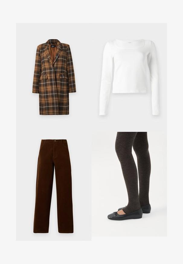 Manteau long à carreaux marron et noir avec revers en pointe, fermeture à un bouton noir, poches à rabat et doublure complète.; Haut ajusté à manches longues blanc avec un décolleté carré et une longueur légèrement raccourcie, présenté sur un fond blanc.; Pantalons droits en velours côtelé marron avec poches devant, passants de ceinture et fermeture à bouton sur fond blanc.; Jambes portant des leggings côtelés foncés associés à des ballerines noires avec de petits détails en nœud sur fond blanc.