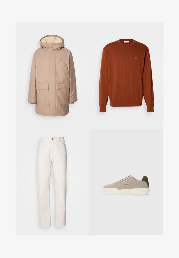 Parka isolée beige avec capuche, dotée d'une doublure intérieure douce et claire, de deux poches avant et d'un logo sur la poitrine.; Pull rasé en tricot fin de couleur rouille, avec des poignets et un ourlet côtelés, orné d'un petit logo bleu sur la poitrine. Texture douce.; Jeans en denim blanc à jambe droite, avec fermeture à bouton et à fermeture éclair, passants de ceinture, et poches avant et arrière, présentés sur fond uni.; Baskets en suède beige avec une semelle en caoutchouc blanche, présentant un accent de talon vert foncé et une branding subtile sur le côté.