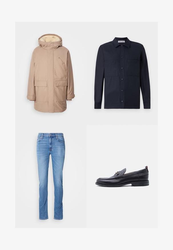 Beige'is isolatsiooniga parka, millel on kapuuts, pehme, heleda sisekihiga, kaks esikotti ja rinnal logo.; Samsøe Samsøe TAKA JO OVERSHIRT - Pluus - dark blue; Meeste sinised teksapüksid sirge lõikega, esikülje ja tagakülje taskutega ning väike Calvin Klein silt ees parema tasku juures.; Mustast nahast mokassiin halli tekstuuriga pealse ja hõbedase metallist pandlaga, madala kontsaga ja tagant tõmblukuga.