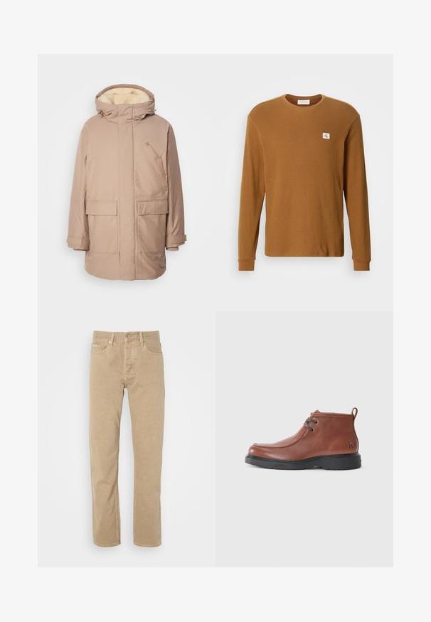 Parka isolée beige avec capuche, dotée d'une doublure intérieure douce et claire, de deux poches avant et d'un logo sur la poitrine.; Chemise en coton marron à manches longues avec texture côtelée, col rond, et petit patch logo blanc en haut à gauche.; Pantalons en coton beiges au design à jambe droite, avec poches avant, fermeture à bouton et détails de couture subtils le long des coutures.; Bottines en cuir marron avec une embout rond, des détails de lacets et une semelle en caoutchouc noire. Logo notable sur le talon et accents de couture.