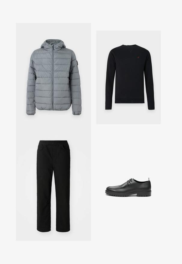 Grå polstret jakke med lynlås foran, hætte og sydd horisontale linjer. Designet til varme med elastiske manchetter og minimal branding.; Sort sweatshirt lavet af bomuld med lange ærmer, rund hals, ribstrikkede manchetter og en lille rød fuglelogo på brystet.; Sorte bomuldsbukser med en afslappet pasform, elastisk talje, to frontlommer og lige ben. Glat tekstur uden synlige mønstre.; Sorte lædersko med en glat overflade, rund tå og dekorativ stikning. Har en gummisål med skridsikre spor og snørebåndsdesign.