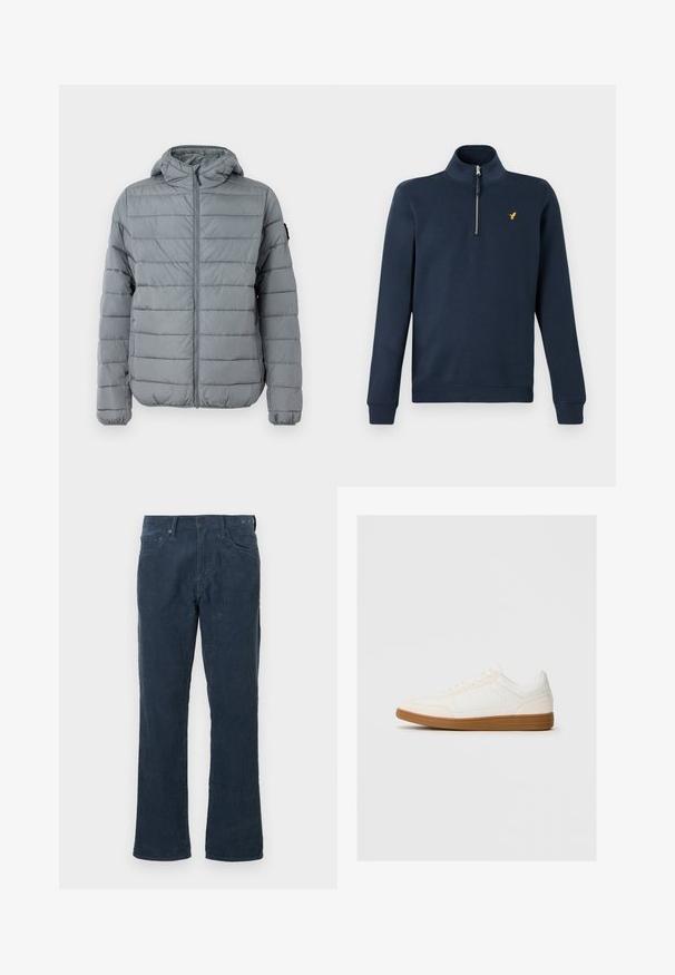 Grijze gewatteerde jas met een ritssluiting aan de voorkant, capuchon en gestikte horizontale lijnen. Ontworpen voor warmte met elastische manchetten en minimale branding.; Marineblauwe pullover met lange mouwen, kwartrits en klein geel vogel-logo op de linkerborst, geribbelde manchetten en zoom.; Donkerblauwe corduroy broek met een recht model, voorzien van voorzakken, een knoopsluiting en een subtiele ribstructuur.; Witte sneaker met een suède neus, een glad synthetisch bovenwerk en een tan rubberen zool. Beschikt over perforaties aan de zijkanten voor ventilatie.