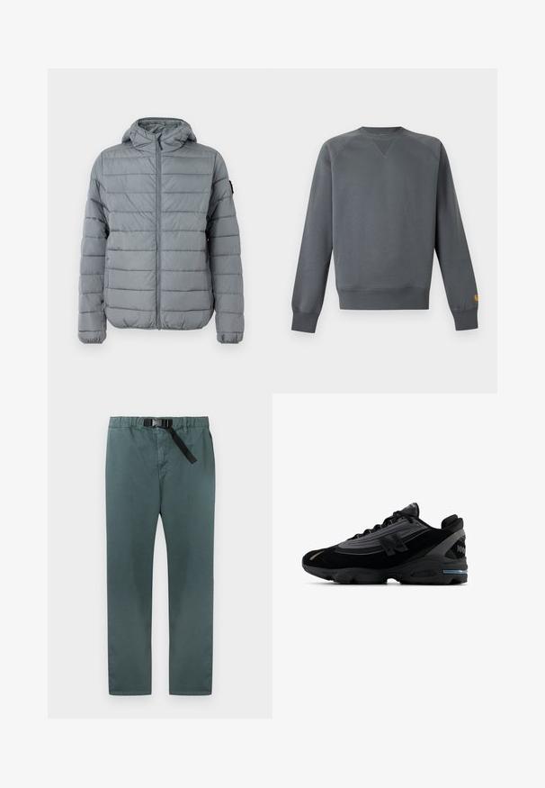 Hall värvitud padded jope, millel on lukuga esikülg, kapuuts ja õmmeldud horisontaalsed jooned. Disainitud soojuse tagamiseks, elastsete mansettide ja minimaalsete brändingutega.; Tumehall triiksärk soonikkoes mansettide ja äärega, millel on vasaku varrukamansetil väike kollane logo.; Tumedrohelised sirgete sääreosadega püksid, millel on elastne vöökoht ja integreeritud must reguleeritav vöö pandlaga sulgemiseks.; Must spordijalatsiga, millel on võrkpealne, seemisnahast detailid ja jäme tallaosa. Silmapaistev "N" logo ja peegeldavad detailid ääres.