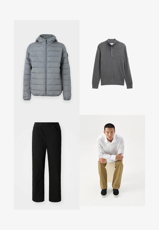 Grå polstret jakke med lynlås foran, hætte og sydd horisontale linjer. Designet til varme med elastiske manchetter og minimal branding.; Grå strikket pullover med ribbet høj krave, fire-knap lukning, lange ærmer samt ribbede manchetter og kant mod en hvid baggrund.; Sorte bomuldsbukser med en afslappet pasform, elastisk talje, to frontlommer og lige ben. Glat tekstur uden synlige mønstre.; Ung mand i hvidt stribet skjorte og khakibukser sidder fremadlænet på en skammel med armene krydset, og ser direkte frem på en hvid baggrund.