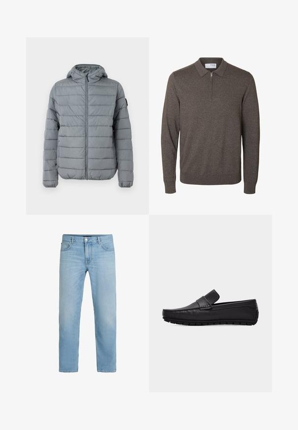 Grå polstret jakke med lynlås foran, hætte og sydd horisontale linjer. Designet til varme med elastiske manchetter og minimal branding.; Herre langærmet brun strikket sweater med krave og kort lynlås ved halsen, ribstrikkede manchetter og kant, mærket Selected Homme.; Lyseblå straight-leg denim jeans med knaplukning foran, lynlås og fem-lommer design.; Sort læderloafer med moc-toe-syning, slip-on design og opdelt gummisål til afslappet eller halvt formelt brug.