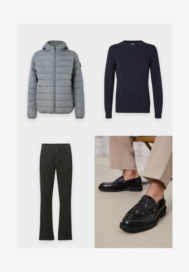 Grå polstret jakke med lynlås foran, hætte og sydd horisontale linjer. Designet til varme med elastiske manchetter og minimal branding.; Marineblå strikket sweater med rund hals, lange ærmer og ribbede manchetter. Glat tekstur og letvægtsdesign for komfort.; Mørkegrønne fløjlsbukser med lige ben, der har fem lommer og metalbeslag til lukning. Det teksturerede stof er synligt.; Sorte lædermokkasiner med en glat overflade, der har en dekorativ rem og kontraststing, parret med beige bukser.