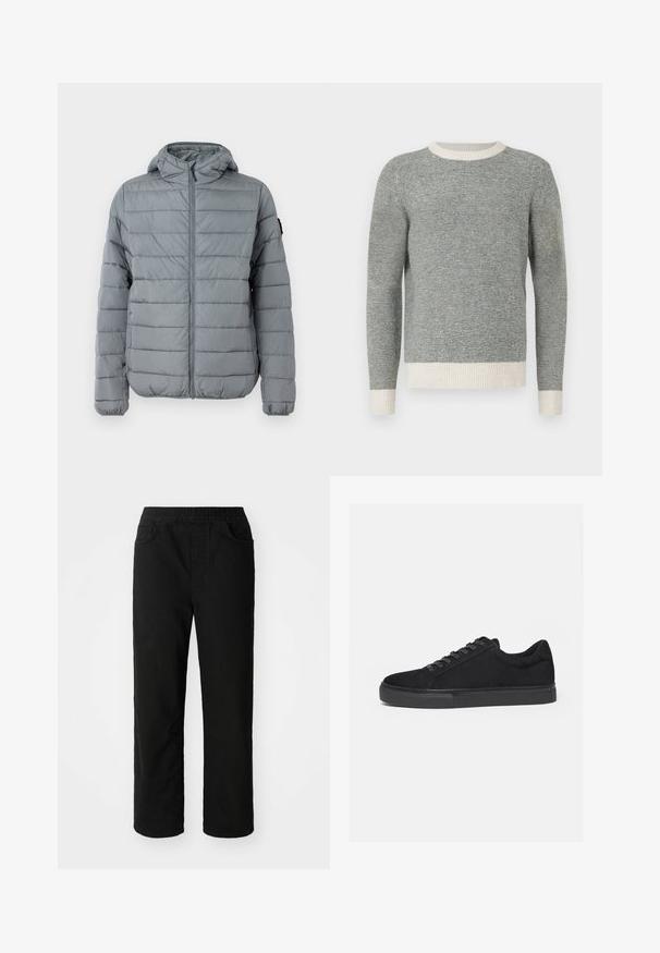 Grå polstret jakke med lynlås foran, hætte og sydd horisontale linjer. Designet til varme med elastiske manchetter og minimal branding.; Grå og creme stribet sweater med ribbet rund hals og manchetter. Fremstillet af struktureret stof, med en tætsiddende design og lange ærmer.; Sorte bomuldsbukser med en afslappet pasform, elastisk talje, to frontlommer og lige ben. Glat tekstur uden synlige mønstre.; Sort lavtop sneaker med snørelukning foran og flad gummisål, vist fra siden på en hvid baggrund.
