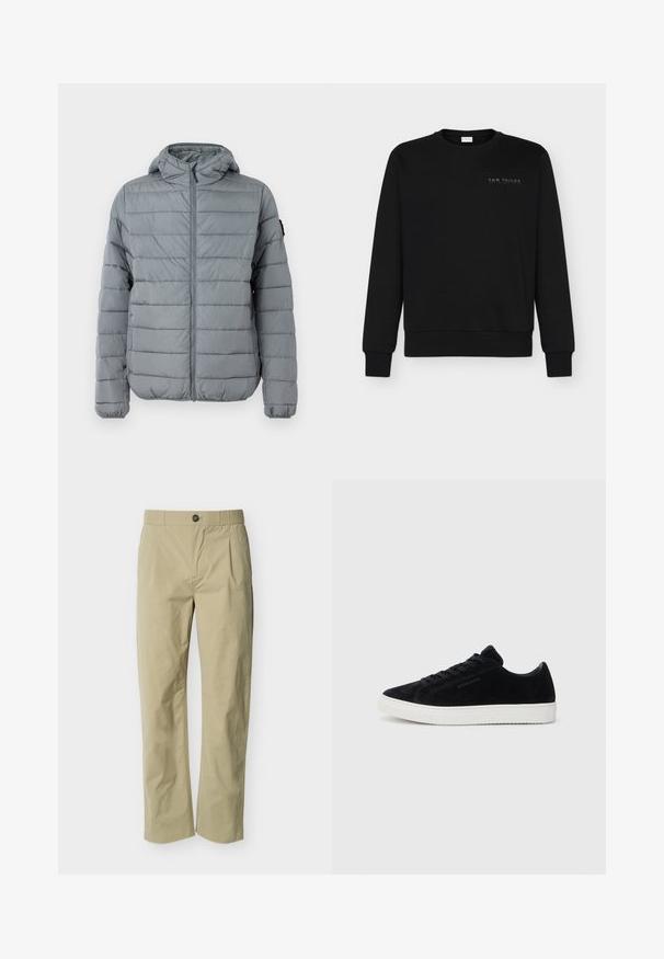 Graue gepolsterte Jacke mit Reißverschluss vorne, Kapuze und gesteppten Horizontalstreifen. Entwickelt für Wärme mit elastischen Bündchen und minimaler Markenkennzeichnung.; Schwarzer Pullover aus Baumwollmischung mit langen Ärmeln, Rundhalsausschnitt, elastischen Bündchen und einem kleinen geprägten Logo auf der Brust.; Beige gerade geschnittene Hose mit Knopfverschluss, Gürtelschlaufen und vorderen Falten auf einem schlichten hellen Hintergrund.; Schwarze Wildleder-Sneaker mit einem Low-Top-Design, runder Zehenpartie und weißer Gummisohle. Verfügt über schwarze Schnürsenkel und minimales Branding an der Seite.