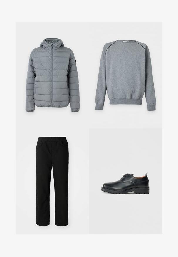 Grå polstret jakke med lynlås foran, hætte og sydd horisontale linjer. Designet til varme med elastiske manchetter og minimal branding.; Enkelt gråt sweatshirt med lange ærmer, ribbet kant ved ærmer og bund, med tynd sort piping langs skuldersømmene.; Sorte bomuldsbukser med en afslappet pasform, elastisk talje, to frontlommer og lige ben. Glat tekstur uden synlige mønstre.; Sorte læder derby-sko med en glat overflade, rund tå, snøre-design og en tyk, robust gummisål.
