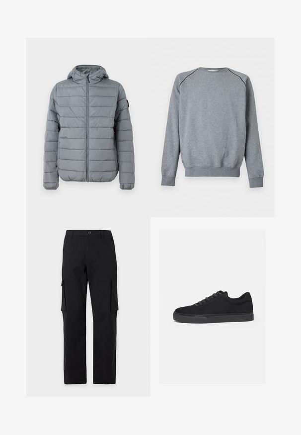 Graue gepolsterte Jacke mit Reißverschluss vorne, Kapuze und gesteppten Horizontalstreifen. Entwickelt für Wärme mit elastischen Bündchen und minimaler Markenkennzeichnung.; Einfaches graues Langarm-Sweatshirt mit gerippten Bündchen und Saum, mit dünnem schwarzem Paspel entlang der Schulternähte.; Schwarze Cargo-Hose mit geradem Bein, Knopf- und Reißverschluss, Gürtelschlaufen und Klappentaschen an beiden Oberschenkeln.; Schwarzer Low-Top-Sneaker mit Schnürung vorne und flacher Gummisohle, seitlich auf weißem Hintergrund dargestellt.