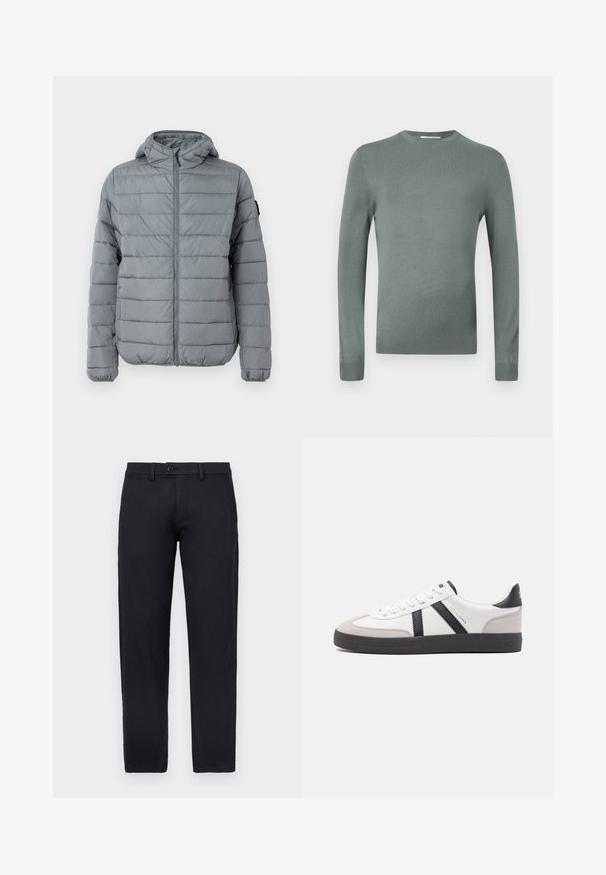 Casaco acolchoado cinza com fecho éclair à frente, capuz e linhas horizontais cosidas. Concebido para aquecer com punhos elásticos e uma marcação mínima.; Sweater verde claro de mangas longas feito de um tecido suave de malha. Apresenta um decote redondo e mangas justas com punhos canelados. Design simples.; Calças de algodão pretas com corte reto, apresentando um fecho frontal com botões e passantes para cinto. Textura suave e sem padrões visíveis.; Sapatilha branca com detalhes em preto e cinza, apresentando uma biqueira texturizada cinza, sola de borracha preta e atacadores brancos e planos. Design limpo, estilo minimalista.