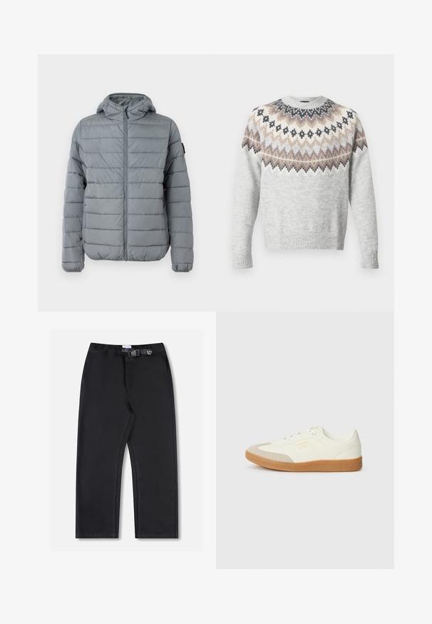 Grå polstret jakke med lynlås foran, hætte og sydd horisontale linjer. Designet til varme med elastiske manchetter og minimal branding.; Lysegrå sweater med lange ærmer, der har et mønstret bærestykke i creme, brun og sort. Ribstrikkede ærmekanter og kant forneden tilføjer tekstur.; Sorte buks med lige ben, elastisk taljebånd og sidelukning med spænde, vist på en hvid baggrund.; Sneaker lavet af hvid læder med en beige tåhætte og let brunt gummisål. Har flade hvide snørebånd og prægede branding på siden.