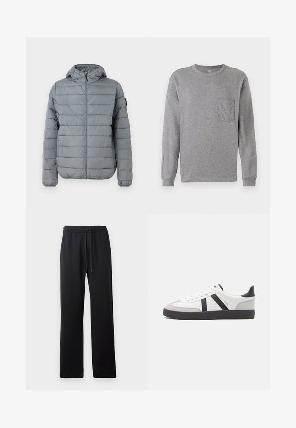 Grijze gewatteerde jas met een ritssluiting aan de voorkant, capuchon en gestikte horizontale lijnen. Ontworpen voor warmte met elastische manchetten en minimale branding.; Grijze lange mouw t-shirt met een ronde hals, voorzien van een borstzak en geribde manchetten. Gemaakt van zacht, lichtgewicht katoen.; Abercrombie & Fitch ESSENTIAL BAGGY OPEN HEM CASUAL - Trainingsbroek - black; Witte sneaker met zwarte en grijze accenten, voorzien van een grijze neus met textuur, zwarte rubberen zool en platte witte veters. Schoon ontwerp, minimalistische stijl.