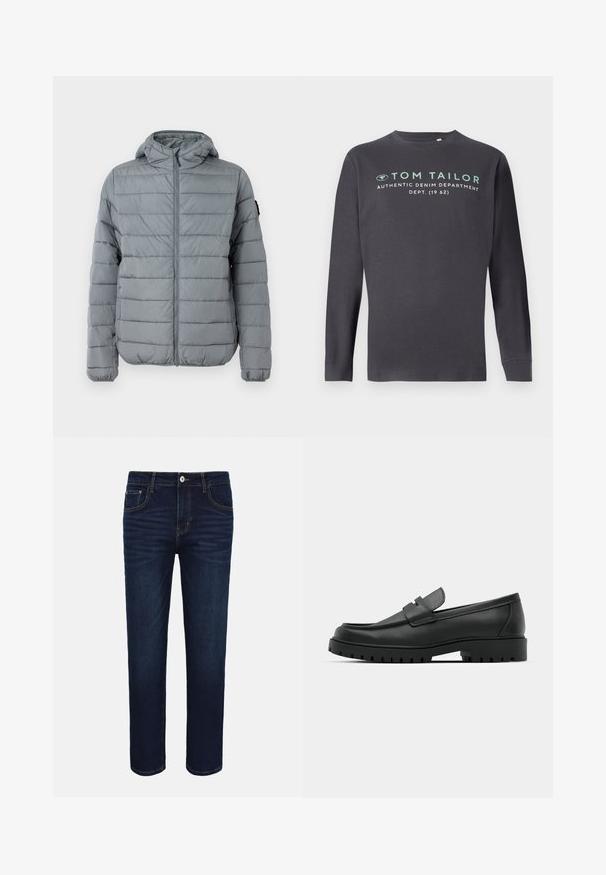 Grå polstret jakke med lynlås foran, hætte og sydd horisontale linjer. Designet til varme med elastiske manchetter og minimal branding.; TOM TAILOR PRINTED - Langærmet T-shirt - tarmac grey; Mørkeblå denimjeans med forlommer, knappelukning og subtile falmede detaljer ved lårene på hvid baggrund.; Sorte læder loafers med rund tå, der har et syet design, lav platformssål og en struktureret, skridsikker gummisål.