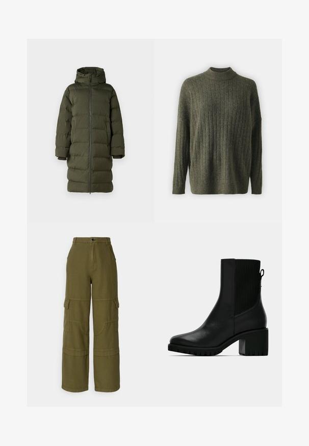 Manteau rembourré vert olive avec une capuche, doté d'un zip frontal intégral, d'un design matelassé et de manches à poignets. Tissu lisse et isolant.; Pull en maille côtelée olive, à col roulé, fabriqué à partir d'un tissu tricoté texturé, avec des manches longues et une coupe décontractée. Doté d'une encolure haute et d'une finition douce.; Pantalons cargo vert olive avec une taille haute, des jambes larges, plusieurs poches et des coutures contrastées. Fabriqués en tissu durable.; Bottine en cuir noir avec panneau latéral élastique côtelé, talon bloc et semelle texturée pour une meilleure adhérence. Finition lisse avec une garniture minimale.