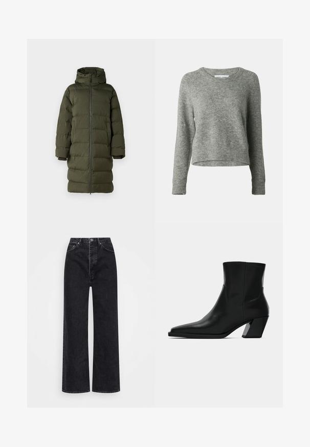 Manteau rembourré vert olive avec une capuche, doté d'un zip frontal intégral, d'un design matelassé et de manches à poignets. Tissu lisse et isolant.; Pull en laine gris avec un col rond, de longues manches raglan et des poignets côtelés. Conception cropped avec une texture douce et des détails minimalistes.; Jean large noir en denim, avec une taille haute, un design à cinq poches et une fermeture éclair avec bouton.; Bottine en cuir noir avec un bout pointu, une silhouette élégante et un talon carré massif. Texture lisse avec des détails de couture minimalistes.