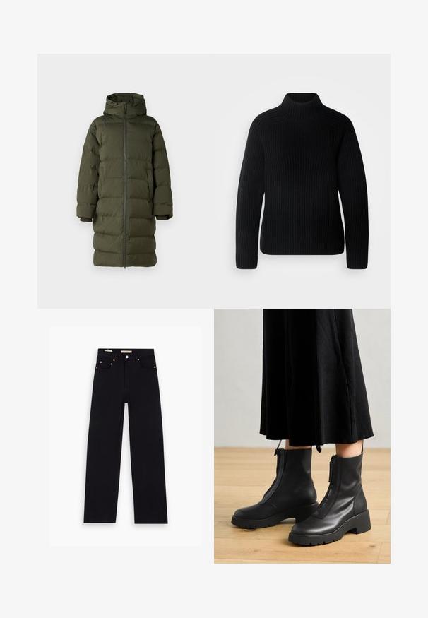 Manteau rembourré vert olive avec une capuche, doté d'un zip frontal intégral, d'un design matelassé et de manches à poignets. Tissu lisse et isolant.; Pull col roulé noir en tissu côtelé. Présente des manches longues et un design ajusté avec un col plus haut. Texture douce.; Jean en denim noir avec une coupe droite, cinq poches, matériel en cuivre et texture lisse. Deux étiquettes visibles sur la taille.; Bottines en cuir noir avec une semelle plateforme épaisse et une fermeture éclair à l'avant. Texture lisse avec un design minimaliste.