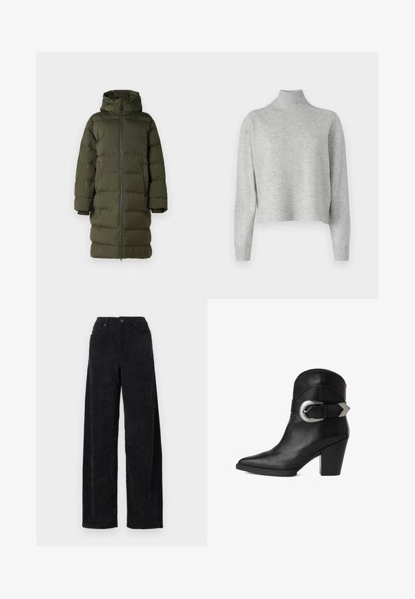 Manteau rembourré vert olive avec une capuche, doté d'un zip frontal intégral, d'un design matelassé et de manches à poignets. Tissu lisse et isolant.; Pull à col roulé gris clair en tricot doux, avec des manches longues et un ourlet et des poignets côtelés. Pas de motifs ni de détails en matériel.; Pantalon large en corduroy noir avec taille haute, doté de deux poches avant et d'une texture à côtes verticales subtile.; Bottine en cuir noir avec un bout pointu, un talon épais et une large sangle ornée d'une boucle circulaire en argent sur le côté. Texture lisse.