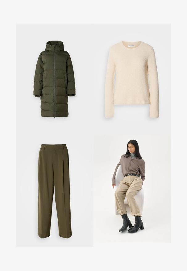 Manteau rembourré vert olive avec une capuche, doté d'un zip frontal intégral, d'un design matelassé et de manches à poignets. Tissu lisse et isolant.; Pull crème à manches longues en tissu texturé avec un col rond, présentant une finition douce et duveteuse ainsi qu'une coupe décontractée.; Pantalons à jambes larges vert olive en tissu lisse, dotés d'une taille haute, de plis sur le devant et de poches latérales pour plus de fonctionnalité.; Femme aux longs cheveux noirs appuyée sur une chaise blanche courbée, portant un chemisier taupe, un pantalon beige, une ceinture noire et des bottines noires à talons.