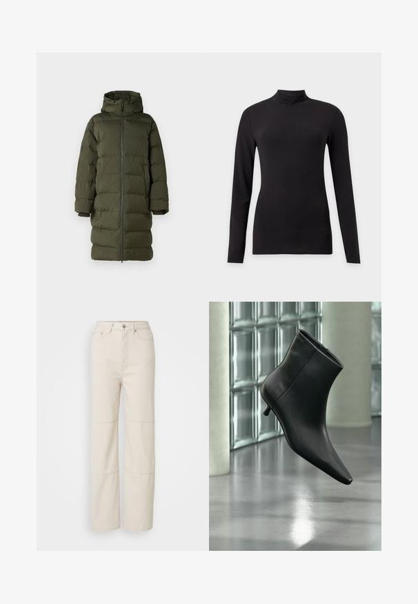 Manteau rembourré vert olive avec une capuche, doté d'un zip frontal intégral, d'un design matelassé et de manches à poignets. Tissu lisse et isolant.; Haut noir ajusté à manches longues avec col montant, présenté sur un fond gris clair uni.; Jean large beige clair en coton. Présente une taille haute, une fermeture à bouton à l'avant et deux accents de couture horizontaux sur les jambes.; Bottine en cuir noir à bout pointu et petit talon kitten, présentée en angle devant un sol poli et un mur en blocs de verre.
