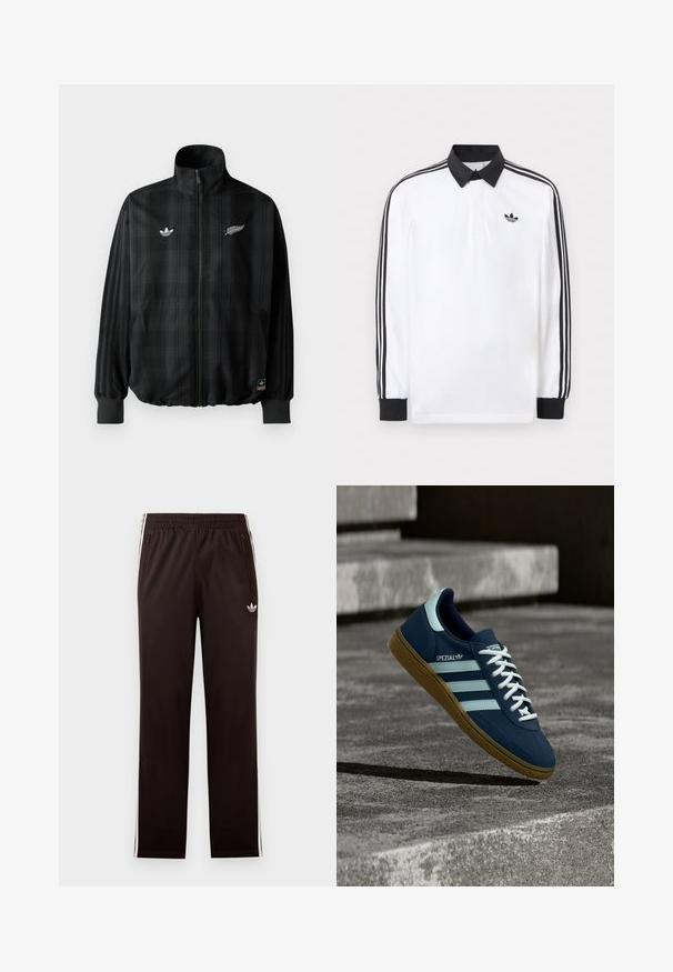 Schwarze karierte Zip-Jacke mit hohem Kragen, mit weißen gestickten Logos, elastischen Bündchen und Saum, hergestellt aus glattem, leichtem Material.; Weißes Polo mit langen Ärmeln, schwarzem Kragen, schwarzen Bündchen, schwarzem Drei-Streifen-Design an den Ärmeln und schwarzem Adidas-Logo auf der Brust.; Schwarze Adidas-Trainingshose mit elastischem Bund, weißen Seitenstreifen, Reißverschlusstaschen und kleinem Trefoil-Logo am linken Oberschenkel.; Blauer Adidas Spezial Sneaker mit weißen Streifen und Schnürsenkeln, Gummisohle, schwebend über rauer Betonoberfläche und Treppen im Hintergrund.