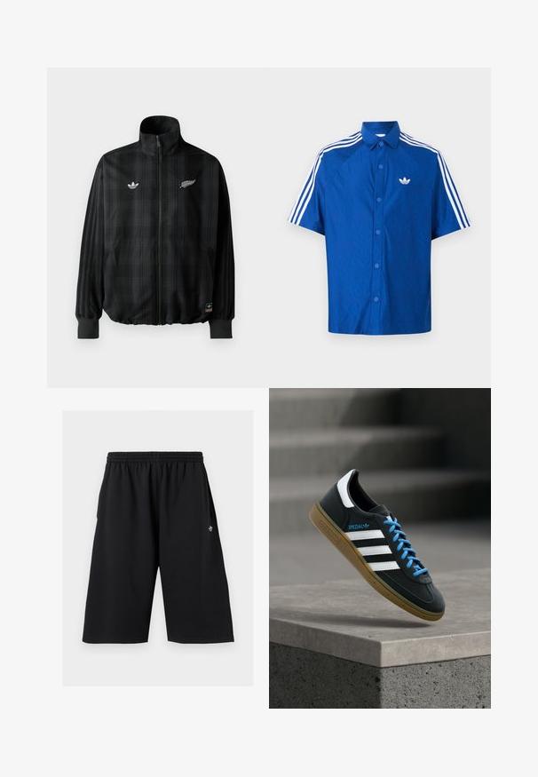 Zwarte geruite zip-up jas met hoge kraag, voorzien van witte geborduurde logo's, elastische manchetten en zoom, gemaakt van glad, lichtgewicht materiaal.; Blauw overhemd met korte mouwen en knopen, met een wit Adidas-logo op de borst en drie witte strepen over de schouders en mouwen.; Zwarte knielange shorts met elastische tailleband, zijzakken en klein wit Adidas-logo aan de rechterkant.; Zwarte Adidas-sneaker met witte strepen, blauwe veters en een gumzool die boven een grijze betonnen trede zweeft in zacht licht.