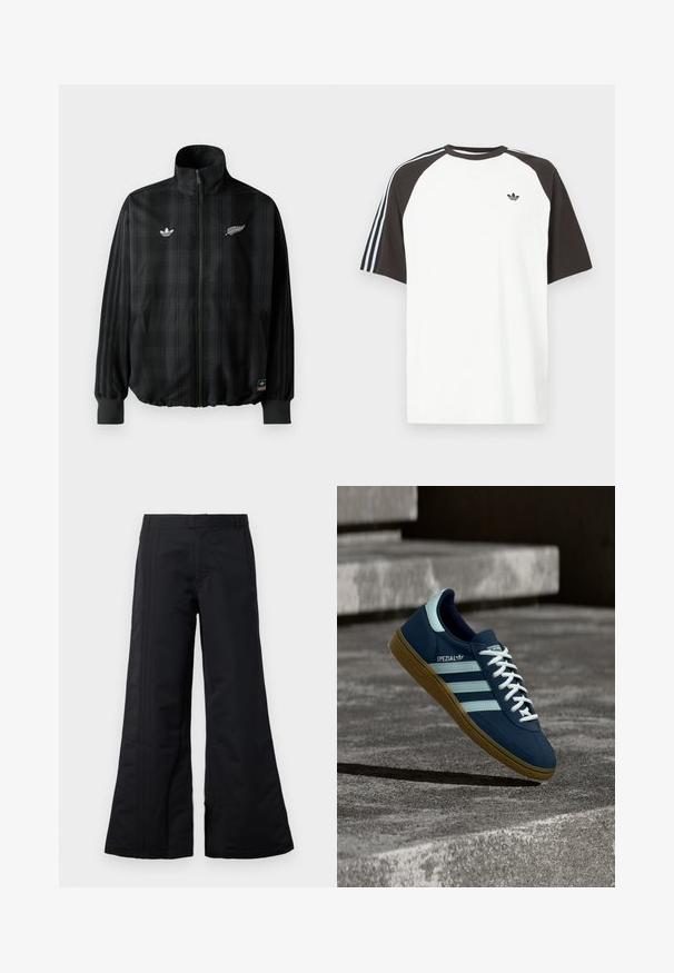 Zwarte geruite zip-up jas met hoge kraag, voorzien van witte geborduurde logo's, elastische manchetten en zoom, gemaakt van glad, lichtgewicht materiaal.; Wit T-shirt met zwarte raglanmouwen, voorzien van blauw gestreepte accenten op de schouders en een klein zwart logo op de borst.; Zwarte broek met wijde pijpen van gladde stof, met voorplooien en een tailleband. Een schoon ontwerp zonder zichtbare patronen of accenten.; Blauwe Adidas Spezial sneaker met witte strepen en veters, gumzool, zwevend boven een ruwe betonnen oppervlakte en trappen op de achtergrond.