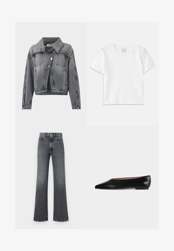 Veste en denim noir délavé avec fermeture à boutons, deux poches poitrine, poches latérales, manches longues et large col.; T-shirt en coton blanc avec un col rond, des manches courtes et un ourlet droit. Étiquette marquée "Won Hundred" au centre de l'encolure.; Jeans en denim gris évasés avec une taille haute, un design à cinq poches, une fermeture à bouton et un dégradé de texture subtil du haut vers le bas.; Chaussure plate en cuir noir pour femme, avec bout pointu et petit talon, vue de côté sur un fond gris clair uni.