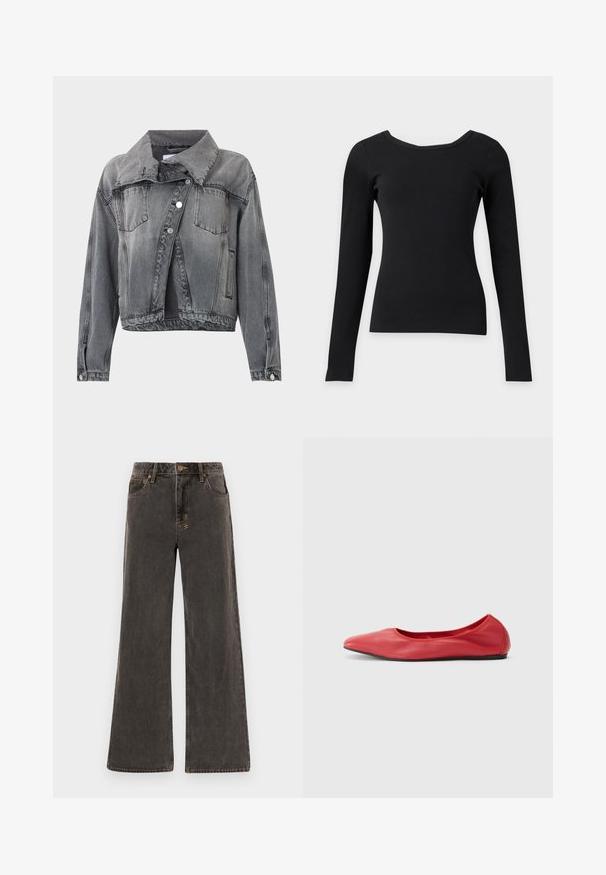 Veste en denim noir délavé avec fermeture à boutons, deux poches poitrine, poches latérales, manches longues et large col.; Haut noir ajusté à manches longues avec un large col rond et une texture côtelée sur un fond clair uni.; Jean large en denim gris foncé. Caractéristiques : taille haute, cinq poches et coutures dorées contrastantes. Légère usure donne une apparence texturée.; Filippa K REY FLATS - Ballerines - bright red