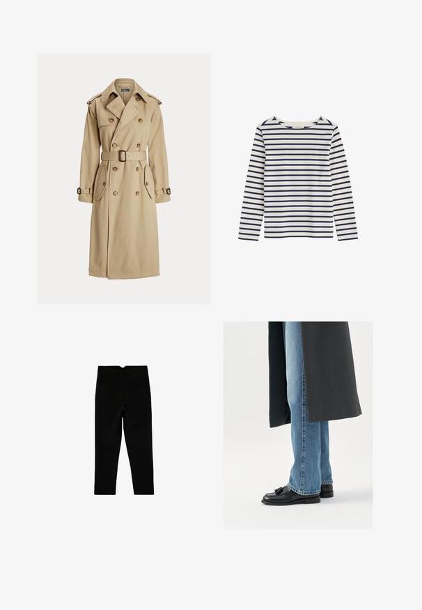 Beige trenchcoat med dobbeltbrystet front, store knapper, bælte i taljen, to sidelommer og skulderepauleter. Glat stofstruktur.; Langærmet hvid skjorte med horisontale marineblå striber og rund halsudskæring, lagt fladt på en hvid baggrund.; Sorte skræddersyede ankelkorte bukser med sidelommer og let tilspidset ben, vist fladt på en hvid baggrund.; Sorte læderloafer med kvaster, båret med lyseblå lige ben jeans, suppleres af en mørkegrå frakke. Rene linjer og struktureret stof.