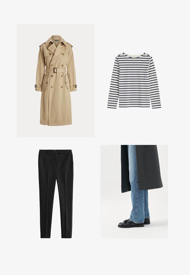 Beige trenchcoat med dobbeltbrystet front, store knapper, bælte i taljen, to sidelommer og skulderepauleter. Glat stofstruktur.; Langærmet hvid skjorte med horisontale marineblå striber og rund halsudskæring, lagt fladt på en hvid baggrund.; Sorte bukser lavet af glat stof, med skræddersyet pasform, frontfolder og bæltestropper, samt sidelommer og baglommer.; Sorte læderloafer med kvaster, båret med lyseblå lige ben jeans, suppleres af en mørkegrå frakke. Rene linjer og struktureret stof.