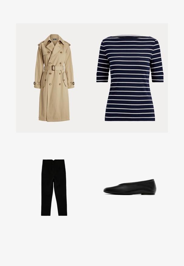 Beige trenchcoat met een dubbelgeknoopt voorpand, grote knopen, een ceintuur op de taille, twee zijzakken en schouderepaulets. Gladde stofstructuur.; Marineblauw overhemd met witte horizontale strepen en ellebooglange mouwen, afgebeeld op een eenvoudige lichte achtergrond.; Zwarte op maat gemaakte broek tot aan de enkel met zijzakken en een licht taps toelopende pijp, plat liggend op een witte achtergrond.; Zwarte platte schoen met een glad leren buitenkant, een afgeronde neus, een laag profiel, minimale details en een flexibele zool.