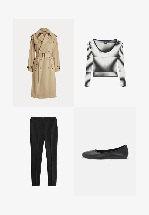 Beige trenchcoat met een dubbelgeknoopt voorpand, grote knopen, een ceintuur op de taille, twee zijzakken en schouderepaulets. Gladde stofstructuur.; Witte lange mouwen shirt met smalle marineblauwe horizontale strepen en marineblauwe rand rond de ronde hals, met klein gouden logo bij de zoom.; Zwarte broek van gladde stof, met een getailleerde pasvorm, voorplooien en lussen voor een riem, voorzien van zij- en achterzakken.; Zwarte leren ballerina met een ronde neus, gladde textuur, minimale stikdetails en een flexibele zoolontwerp.