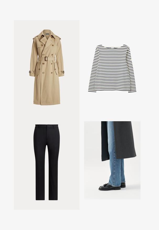 Bež trench coat kahe rinna nupuga, suurte nööpidega, vöökohtadega, kahe küljetaskuga ja õlavarre epaulettidega. Sile kangatextuur.; Valge pikem varrukaga särk, millel on horisontaalsed tumesinised triibud ja ümar kaelus, laotatud valgele taustale.; Mustad sirge lõikega püksid vööaasadega ja slim-fit lõikega, esitatud ühtlase hele tausta vastu.; Mustad nahast loafers, millel on tupsud, kanda helesinine sirge säärega teksapükse ja tumeda halli jope. Puhtad jooned ja tekstureeritud kangas.