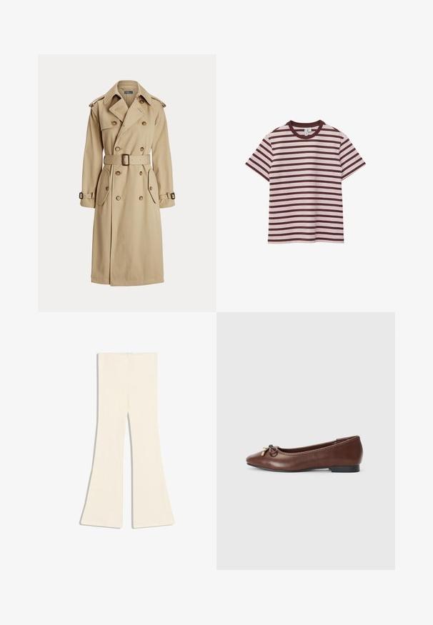 Beige trenchcoat med dobbeltbrystet front, store knapper, bælte i taljen, to sidelommer og skulderepauleter. Glat stofstruktur.; Kortærmet bomuld T-shirt med horisontale mørkerøde og hvide striber og en ensfarvet mørkerød rund halsudskæring, lagt fladt på hvid baggrund.; Fløjlsfarvede ribstrikkede bukser med flared ben, vist fladt på en hvid baggrund.; Brune læderballetsko med rund tå, lille sort hæl og en dekorativ sløjfe med guldaccenter foran. Glat tekstur.
