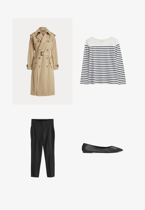 Beige trenchcoat med dobbeltbrystet front, store knapper, bælte i taljen, to sidelommer og skulderepauleter. Glat stofstruktur.; Langærmet bluse i økologisk bomuld med hvid baggrund og marineblå vandrette striber. Rund halsudskæring, afslappet pasform, ingen synlige detaljer.; Sorte bukser med en glat tekstur, udstyret med lommer med lynlås foran og udtryksfulde folder. Minimalistisk design med en skræddersyet pasform.; Sorte læder ballet flade med spids tå, glat overflade og flad sål. Minimalistisk design uden synligt hardware eller detaljer.