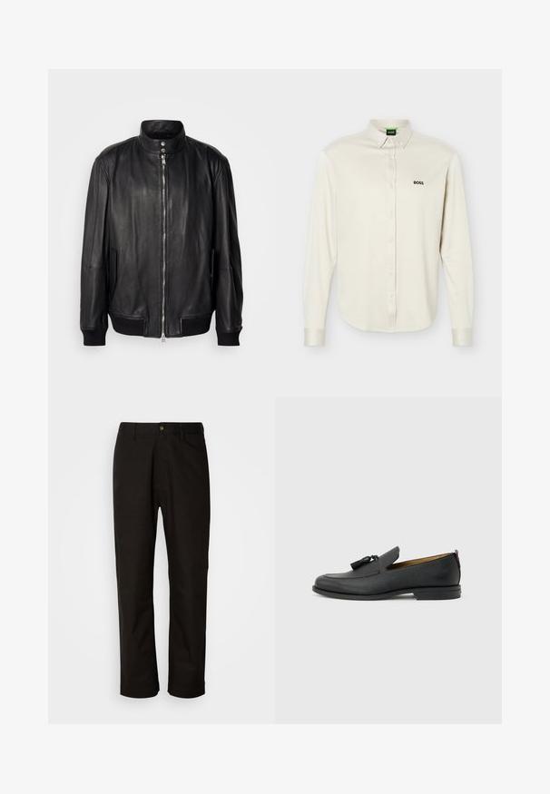 Chaqueta de cuero negra con cremallera frontal, cuello con botón a presión, bolsillos laterales y puños y dobladillo acanalados, exhibida sobre un fondo simple.; Camisa blanca de manga larga con botones y cuello, logo negro "BOSS" en el pecho izquierdo y puños abotonados, presentada sobre un fondo liso.; Pantalones de algodón negros con corte recto, presillas para el cinturón, cremallera frontal y un solo botón de cierre. Textura suave sin patrones visibles.; Mocasín negro de cuero para hombre con borlas, punta redonda, tacón bajo y pestaña para tirar en la parte trasera, mostrado de perfil lateral sobre un fondo gris claro.