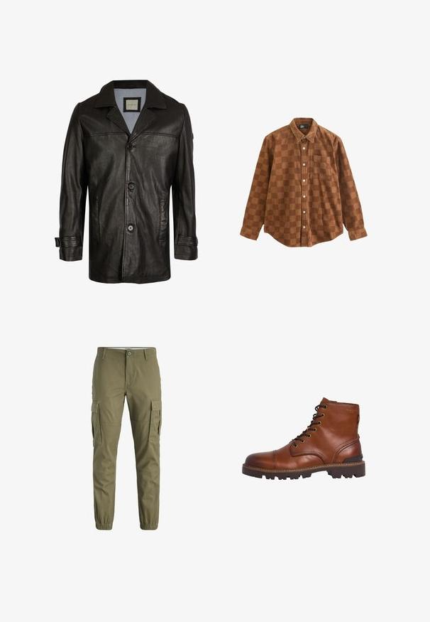 Musta nahkatakki, jossa on leikkauskaulus, nappisuljenta, kaksi sivutaskua ja pehmeä sininen vuori. Takissa on rento malli ja sileä pinta.; Ruskea corduroy-paita, jossa on ruudullinen kuvio, napitettava etuosa, kaulus ja yksi rintatasku. Pitkät hihat, joissa on napitetut hihansuut.; Oliivinvihreät cargo-housut, joissa on edessä nappi ja vetoketju, kaksi suurta sivutaskua läpällä sekä nilkoissa joustavat resorit.; Ruske nahke čevlje do gležnjev z okroglo konico, kovinskimi odprtinami, vezalkami spredaj, trdim podplatom in kontrastnim šivom. Gladka tekstura.