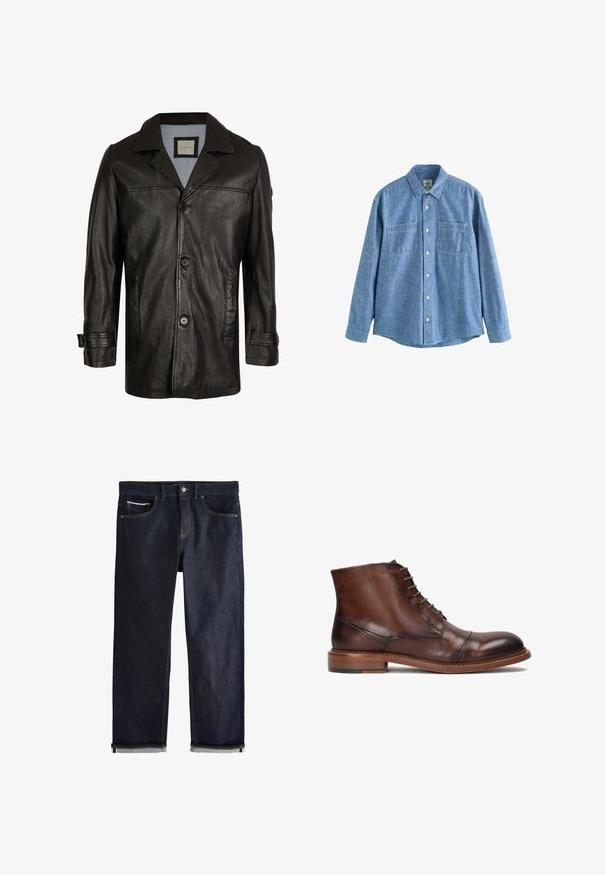 Schwarze Lederjacke mit Reverskragen, Knopfverschluss, zwei seitlichen Taschen und einem weichen blauen Futter. Hat einen lässigen Schnitt und eine glatte Textur.; Langärmliges blaues Chambray-Hemd mit Knopfleiste und zwei Brusttaschen, flach auf weißem Hintergrund liegend.; Dunkelblaue Jeans aus Denim mit klassischem geradem Schnitt, fünf Taschen, Knopfverschluss und umgeschlagenen Bündchen, die eine hellblaue Innenseite zeigen.; Braune Leder-Ankelstiefel mit runder Zehenform, Schnürdesign und Gummisohle mit kontrastierendem Fersenbereich. Glatte, polierte Textur.
